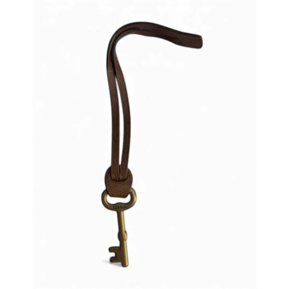 Fossil Key Fob Hang Tag For Purse Bag Or Keys Leather Strap Brass Skeleton Key - Picture 1 of 4